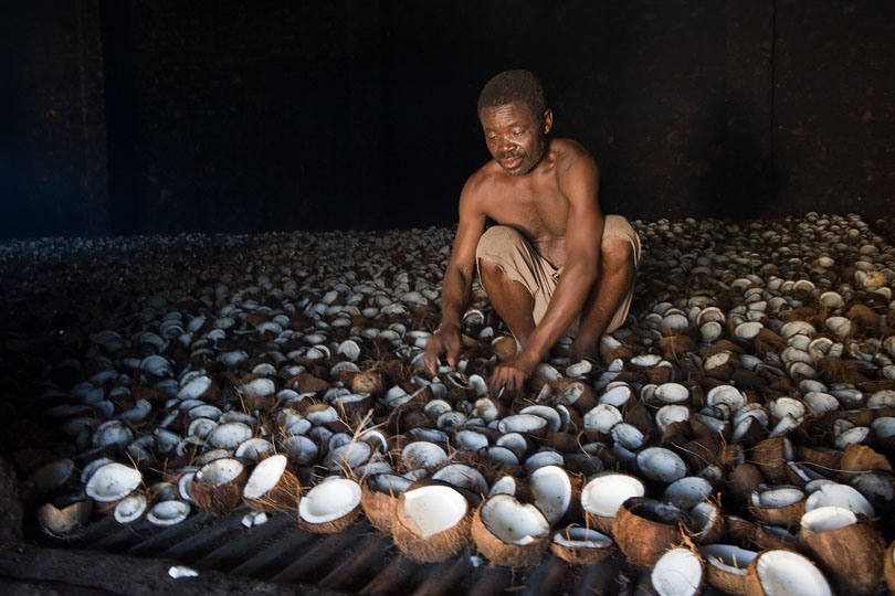 A worker inside the hot kiln turns <p>the shells to insure a steady drying process.