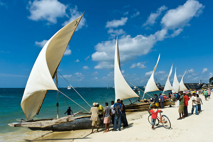 "Ngalawa" boats prepare for a regatta in Stone Town Zanzibar, Tanzania